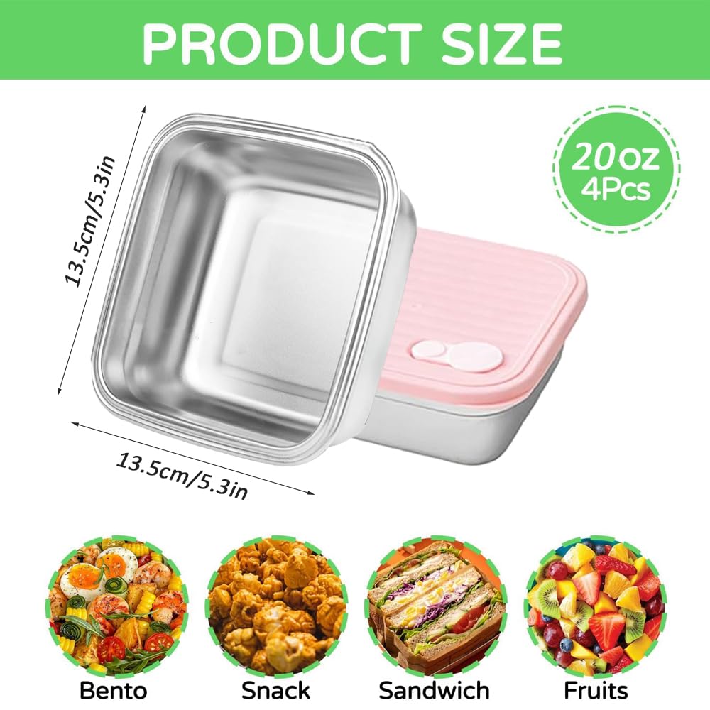 4 Pack Sandwich Containers (20 oz), Reusable Lunch Bento Box Food Storage,Stainless Steel Sandwich Box with Lids,BPA-Free, Great for Fruit, Salad, Lunch Box Snacks