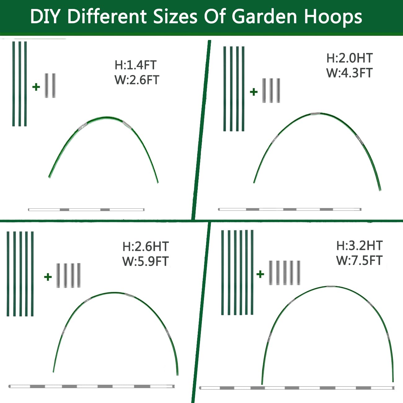36PCS Greenhouse Hoops Grow Tunnel, 6 Sets of 8FT Long Garden Hoops, DIY Width Grow Tunnel for Raised Beds, Fiberglass Garden Hoops Kit, Rust-Free Garden Tunnel for Garden Fabric,Garden Hoops