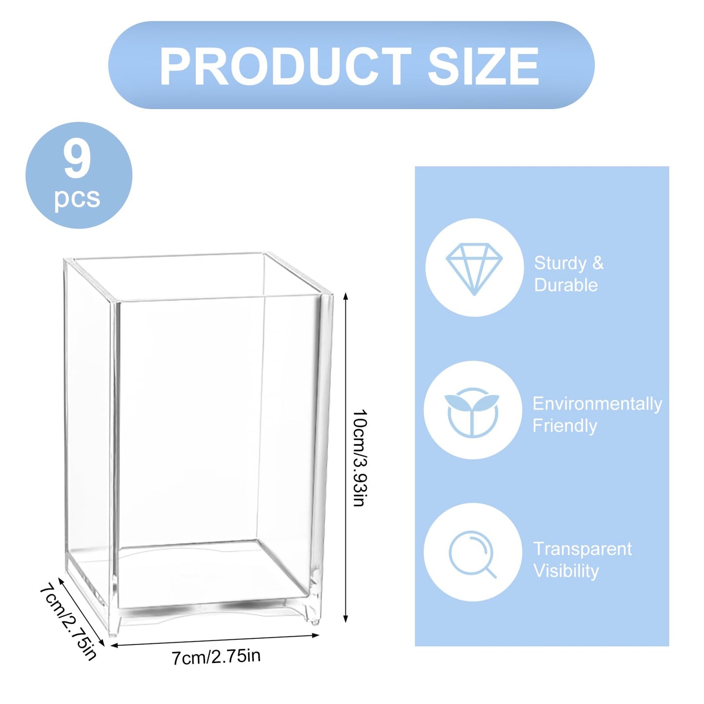 RUITENG 9 Pack Acrylic Pen Holder, Clear Pencil Organizer for Desk, Makeup Brush Storage, Small Desktop Bookmark Holders for Classroom, Home, Office Stationery (Square)