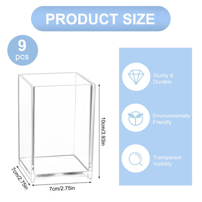 RUITENG 9 Pack Acrylic Pen Holder, Clear Pencil Organizer for Desk, Makeup Brush Storage, Small Desktop Bookmark Holders for Classroom, Home, Office Stationery (Square)