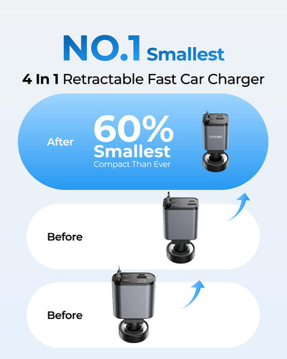 4 in 1 Retractable Car Charger, 4-in-1 Fast Car Phone Charger with 2 Retractable Cables 2.5FT and 2 USB Ports Compatible with i Phone 15/14/13/12/11 Pro Max/XR/XS,Galaxy,Pixel,iPad/iPod
