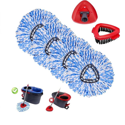 4-Pack Microfiber Spin Mop Head Replacements - Compatible with Oceda RinseClean 2-Tank System,Comes with 1 Mop Scrub Brush, 1 Mop Base & 4 Cleaning Floor Mop Heads Blue