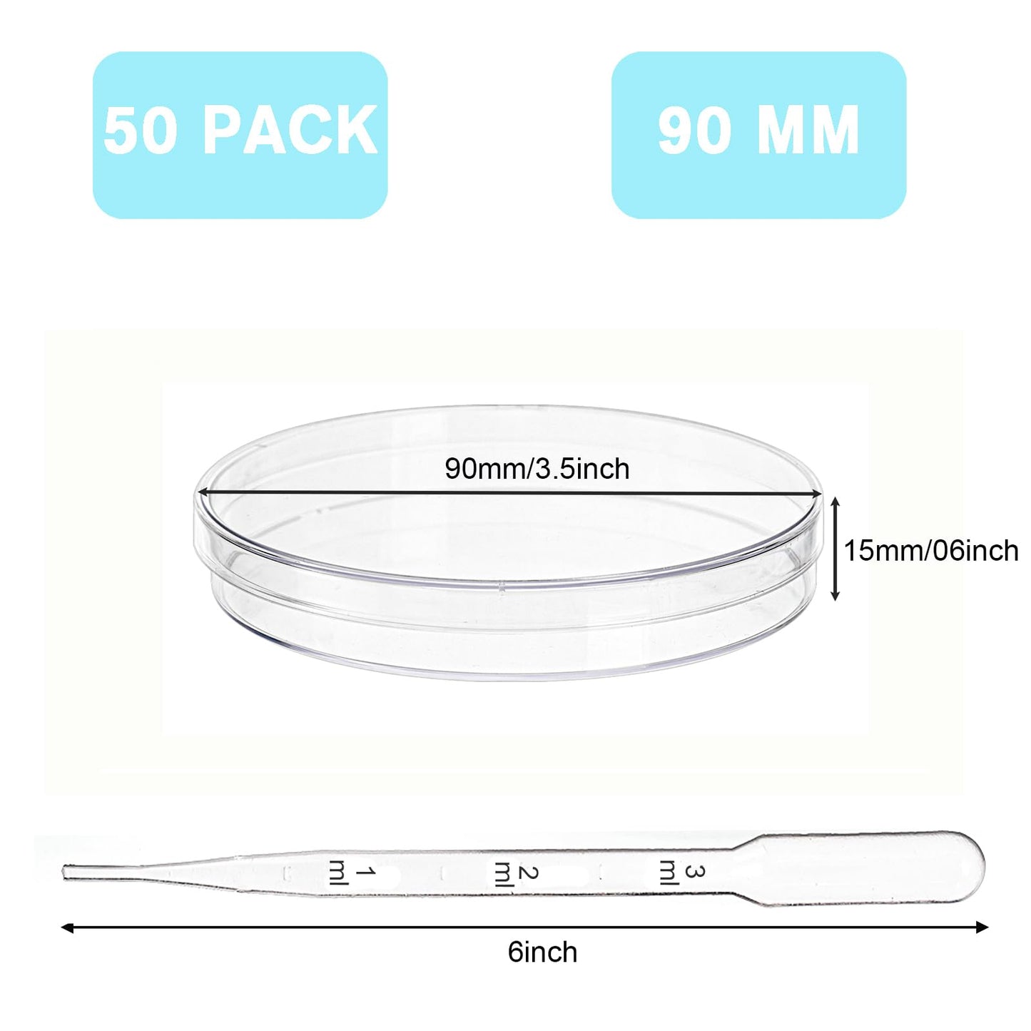 Bekith Petri Dishes with Lids, 50 Pack 90mm Dia x 15mm Deep Plastic Sterile Container, 50 Pack Plastic Transfer Pipettes(3ml)