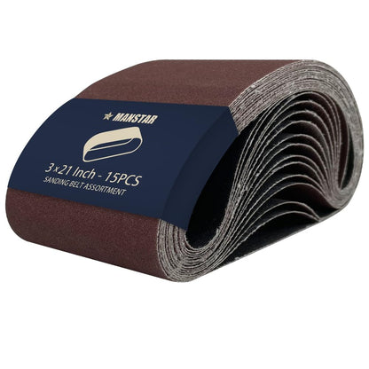 15 Pcs 3 x 21 Inch Assorted Aluminum Oxide Sanding Belt,80/120/150/240/400 Grit