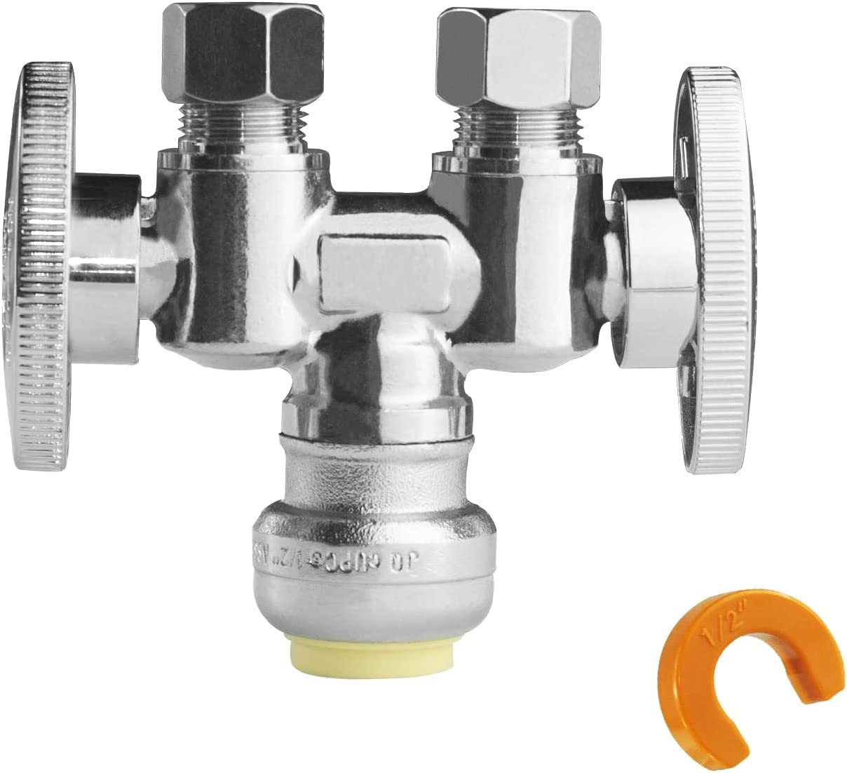 WiseWater 1 Pack 1/2" Push Fit x Dual 3/8" OD Compression Straight Stop Valve, 1/4 Turn Double Handles Shut Off Valve with Disconnect Clip, Chrome Plated Brass, Copper, PEX, CPVC, PE-RT Pipes