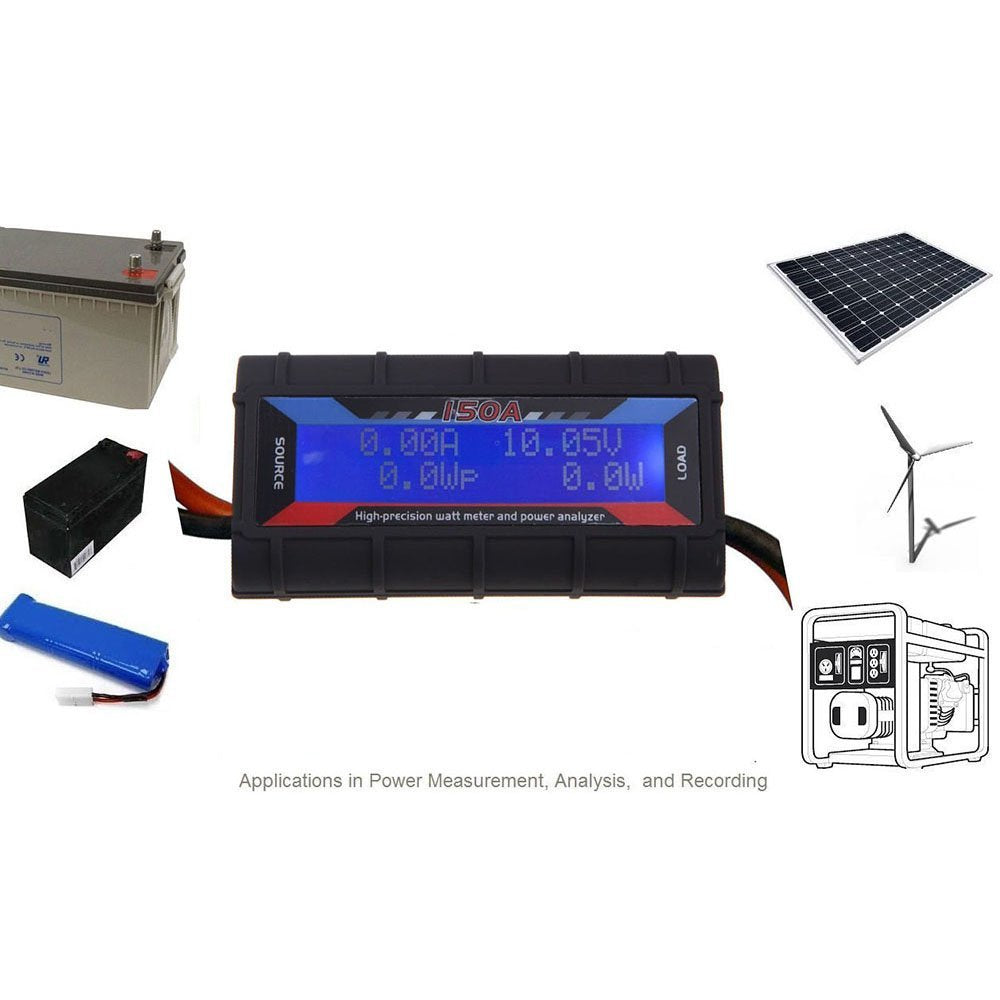 RGBZONE 150Amp LCD Solar Wind Power Analyzer, RC Watt Meter, DC Volt Meter, DC Electricity Usage Monitor for RC, Battery, Solar, Wind Power, 2 Year Warranty