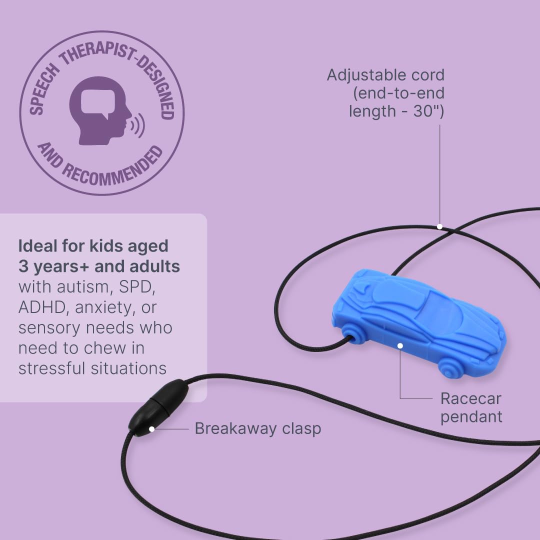 ARK Racecar, Chew Necklaces for Sensory Kids and Adults, Oral Fidget for Autism, ADHD, SPD, Anxiety, Medical-Grade Sensory Chew Necklace, XT, Firm, Bright Blue