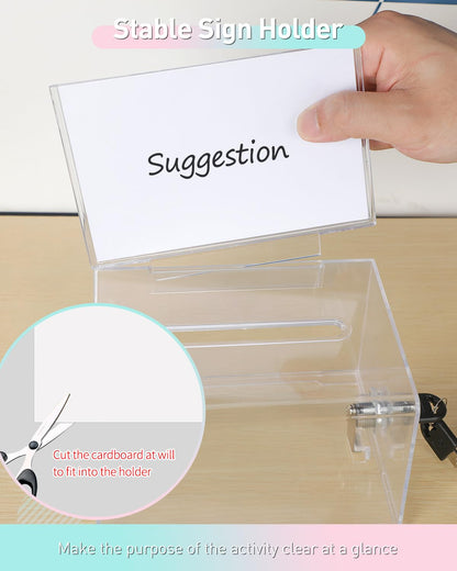 Uniclife 2 Pack Acrylic Donation Box with Lock and Sign Holder 6.2" x 4.7" x 4" Ballot Boxes with Slot Clear Plastic Suggestion Box Storage Container for Fundraising Voting Charity Tip Collection
