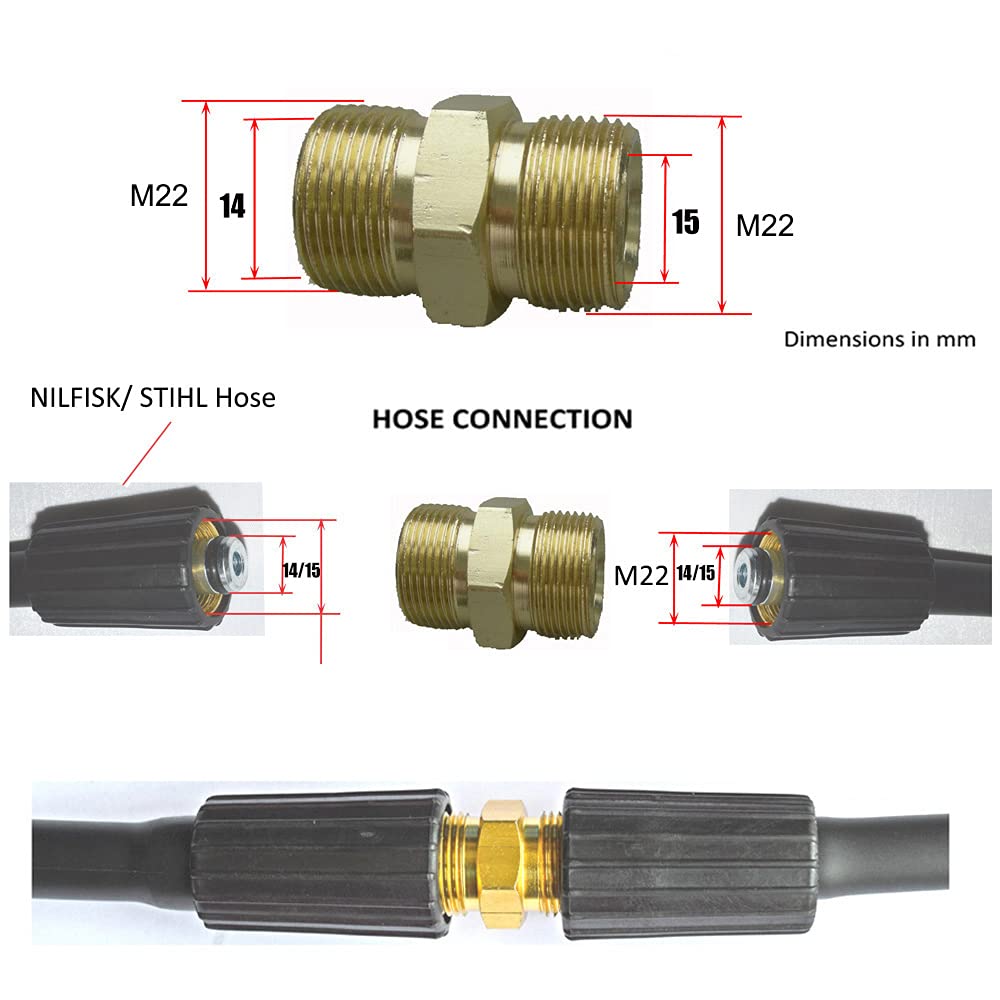 Pressure Washer Hose Coupler M22 Metric Male Thread Fitting M22 14mm to M22 15mm Adapter Solid Brass 4500 PSI Garden Hose Thread Male to Female Adapters (2 Pack)