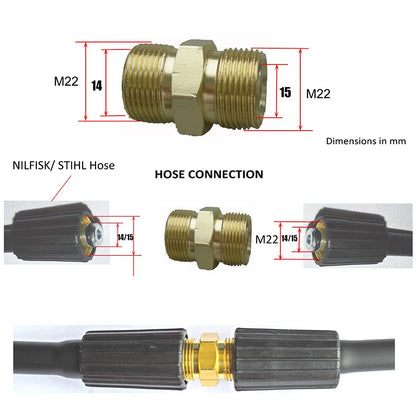 Pressure Washer Hose Coupler M22 Metric Male Thread Fitting M22 14mm to M22 15mm Adapter Solid Brass 4500 PSI Garden Hose Thread Male to Female Adapters (2 Pack)