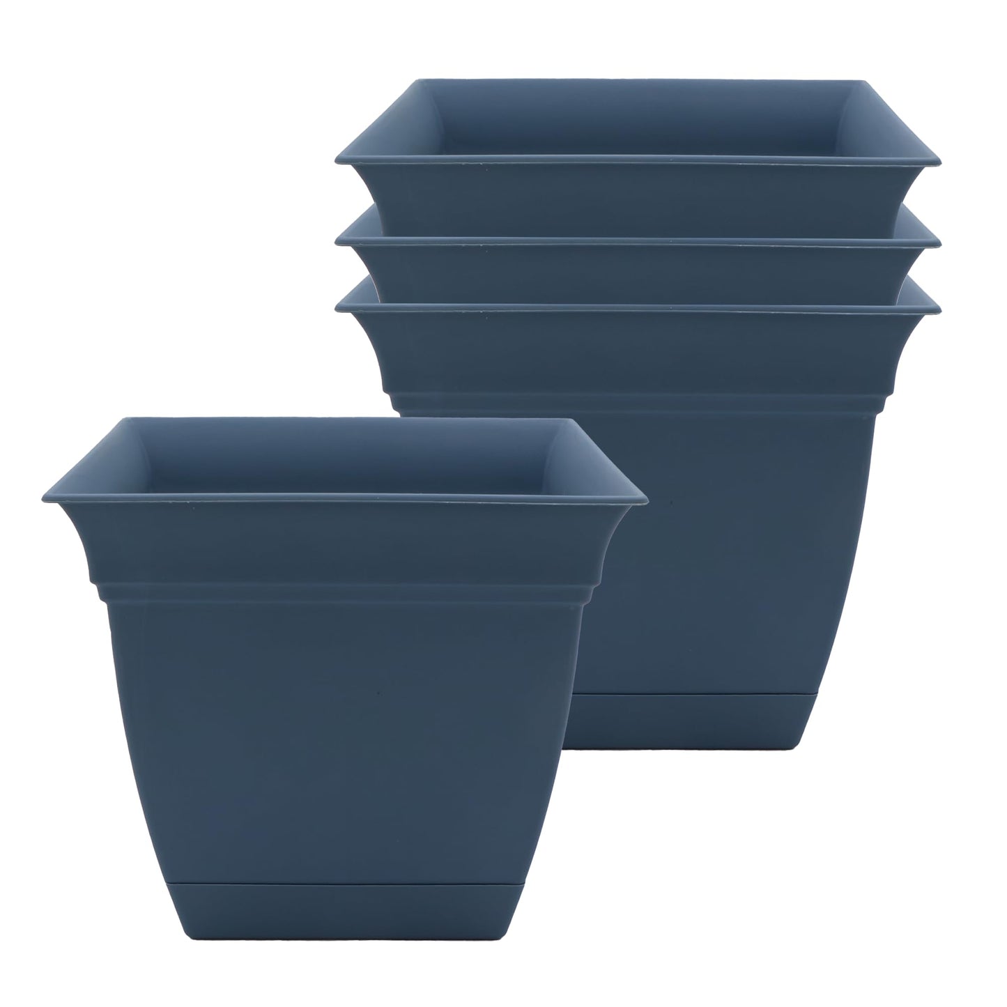 The HC Companies Eclipse Square Plastic Planter w/Attached Saucer - Outdoor & Indoor Plant Pot with Drainage Holes - Lightweight, UV-Resistant Plastic Pots for Plants (8" Slate Blue, Pack of 4)