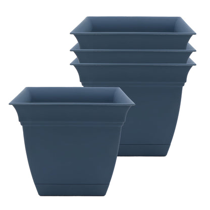 The HC Companies Eclipse Square Plastic Planter w/Attached Saucer - Outdoor & Indoor Plant Pot with Drainage Holes - Lightweight, UV-Resistant Plastic Pots for Plants (8" Slate Blue, Pack of 4)