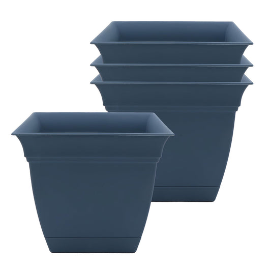 The HC Companies Eclipse Square Plastic Planter w/Attached Saucer - Outdoor & Indoor Plant Pot with Drainage Holes - Lightweight, UV-Resistant Plastic Pots for Plants (8" Slate Blue, Pack of 4)