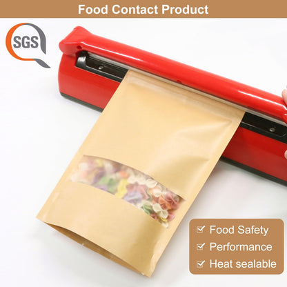SumDirect Kraft Stand Up Pouches - 100Pcs Resealable Kraft Paper Stand Up Bags with Window, Zipper Disposable Food Storage Bags for Home or Business (100, 4.7x7.8inch)