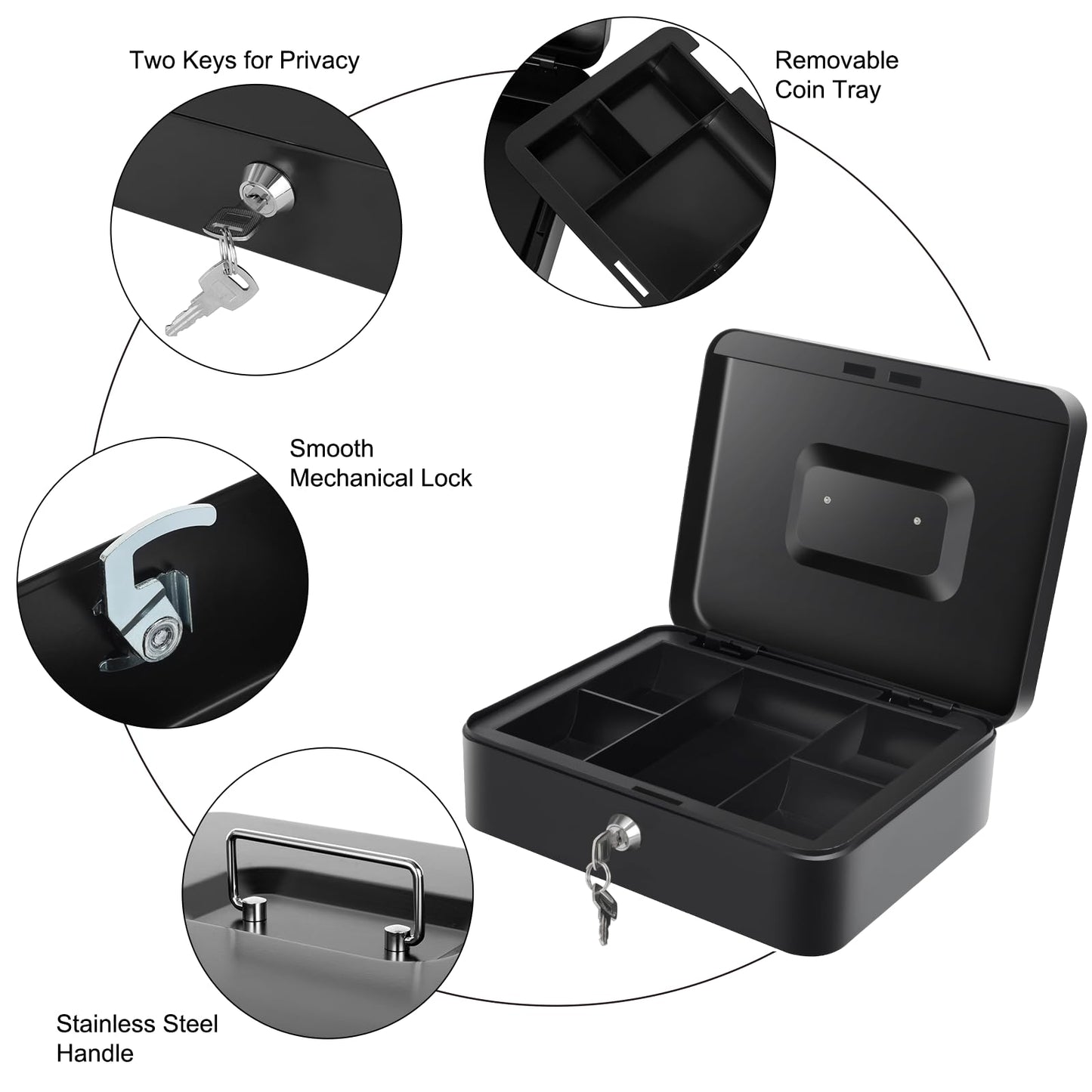 Cash Box with Money Tray and Lock, Large Metal Lock Box for Money Safe 9.84 x 7.87 x 3.54 Inches - Black