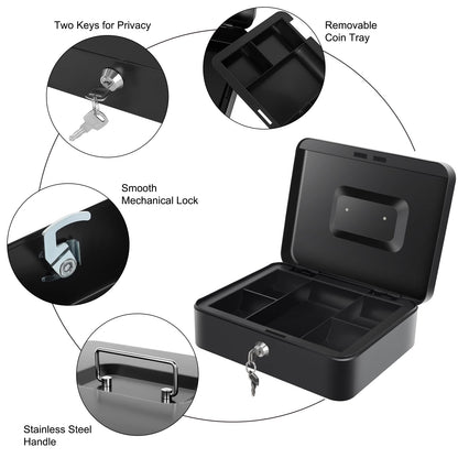 Cash Box with Money Tray and Lock, Large Metal Lock Box for Money Safe 9.84 x 7.87 x 3.54 Inches - Black