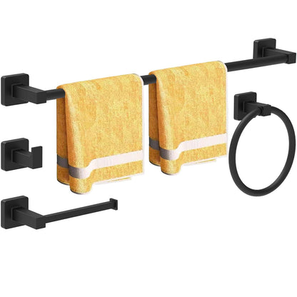 4Pcs Bathroom Hardware Set SUS304 Stainless Steel Wall Mount, Include 24" Bath Towel Bar, Hand Towel Ring, Robe Towel Hook, Toilet Paper Holder, Square Bathroom Accessories Rack Set, Matte Black