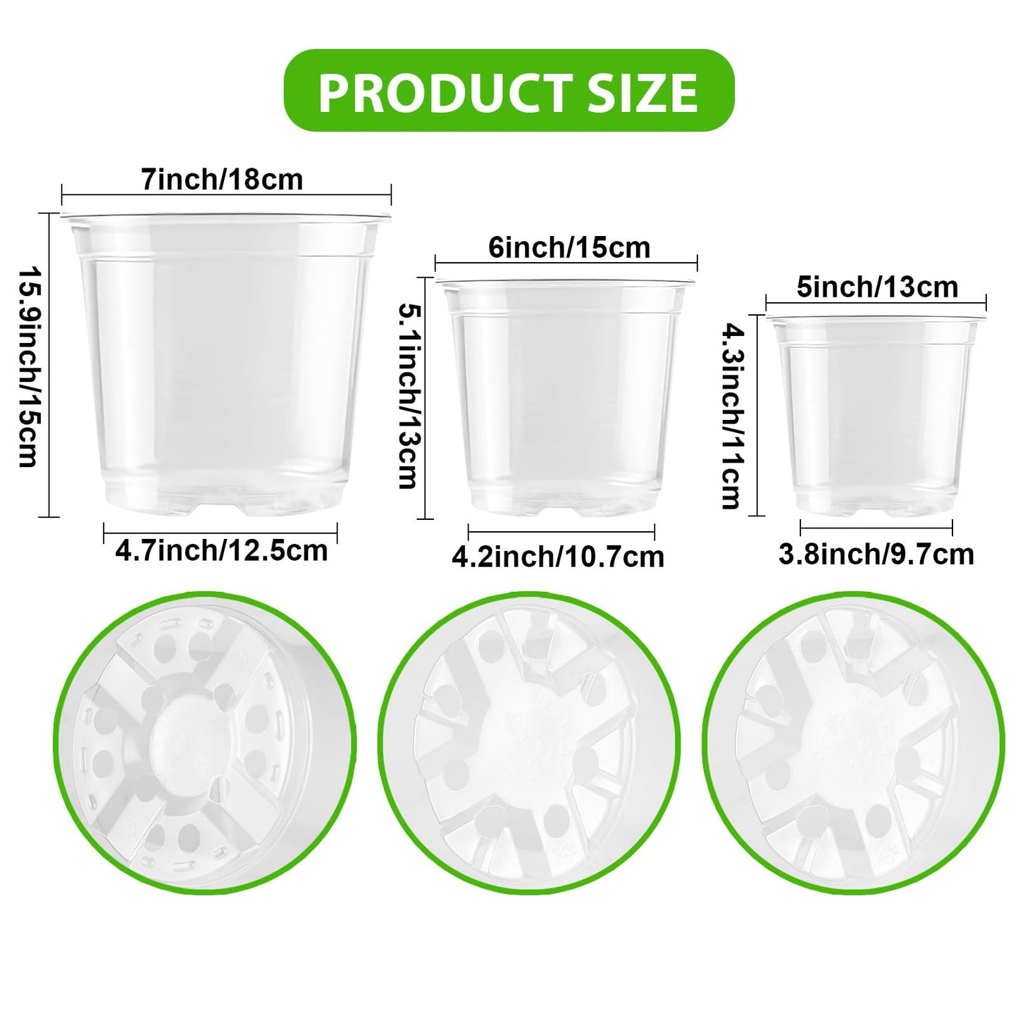 36 Pack Clear Nursery Pots 5/6/7inch Transparent Plastic Plant Pots with Drainage Holes, See Through Seedling Planter for Starter Seed Planter