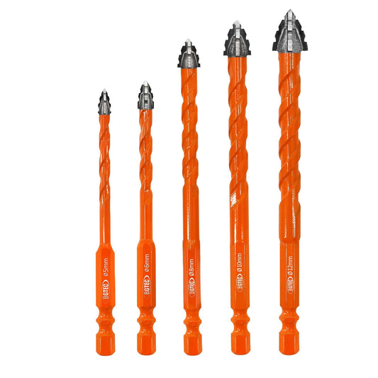 BGTEC Serrated Carbide Masonry Drill Bit Set - 5PCS 3/16"/1/4"/5/16"/3/8"/1/2" Wood Drill Bits for Wood Plastic Masonry Brick Tile Glass Concrete Marble