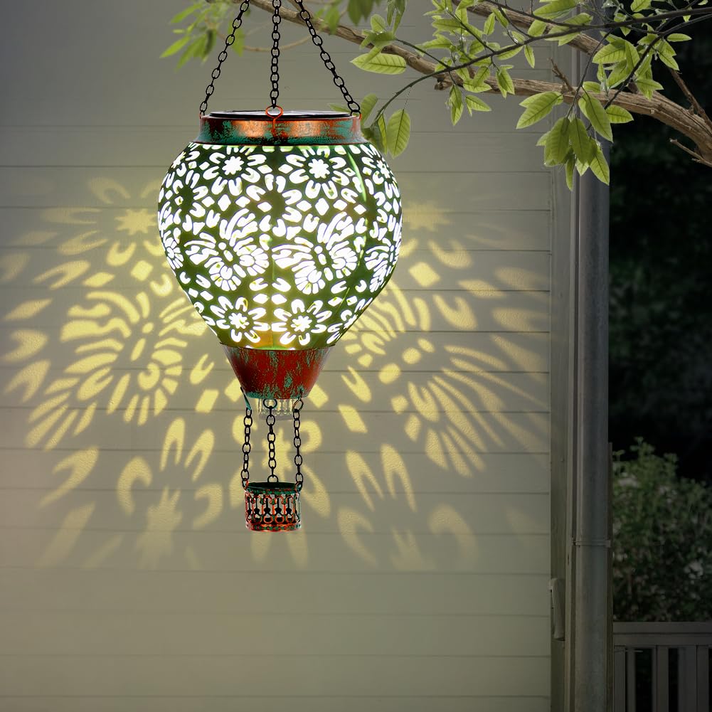 Stargarden Hot Air Balloon Solar Lantern, Butterfly Hollow Out Metal Hot Air Balloon Decorations, Green Hanging Solar Lantern, Waterproof Outdoor Lights for Porch Decor
