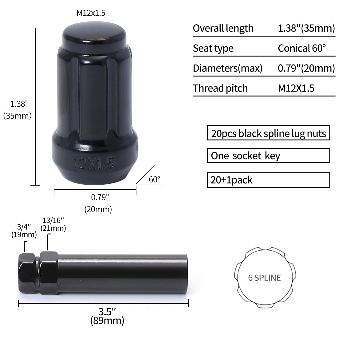Acorn M12x1.5 Black Spline Lug Nuts - Set of 20, 1.38" Long, Fit for Honda Accord, CRV, Civic