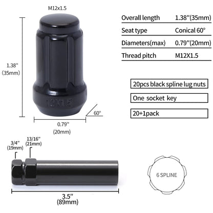 Acorn M12x1.5 Black Spline Lug Nuts - Set of 20, 1.38" Long, Fit for Honda Accord, CRV, Civic