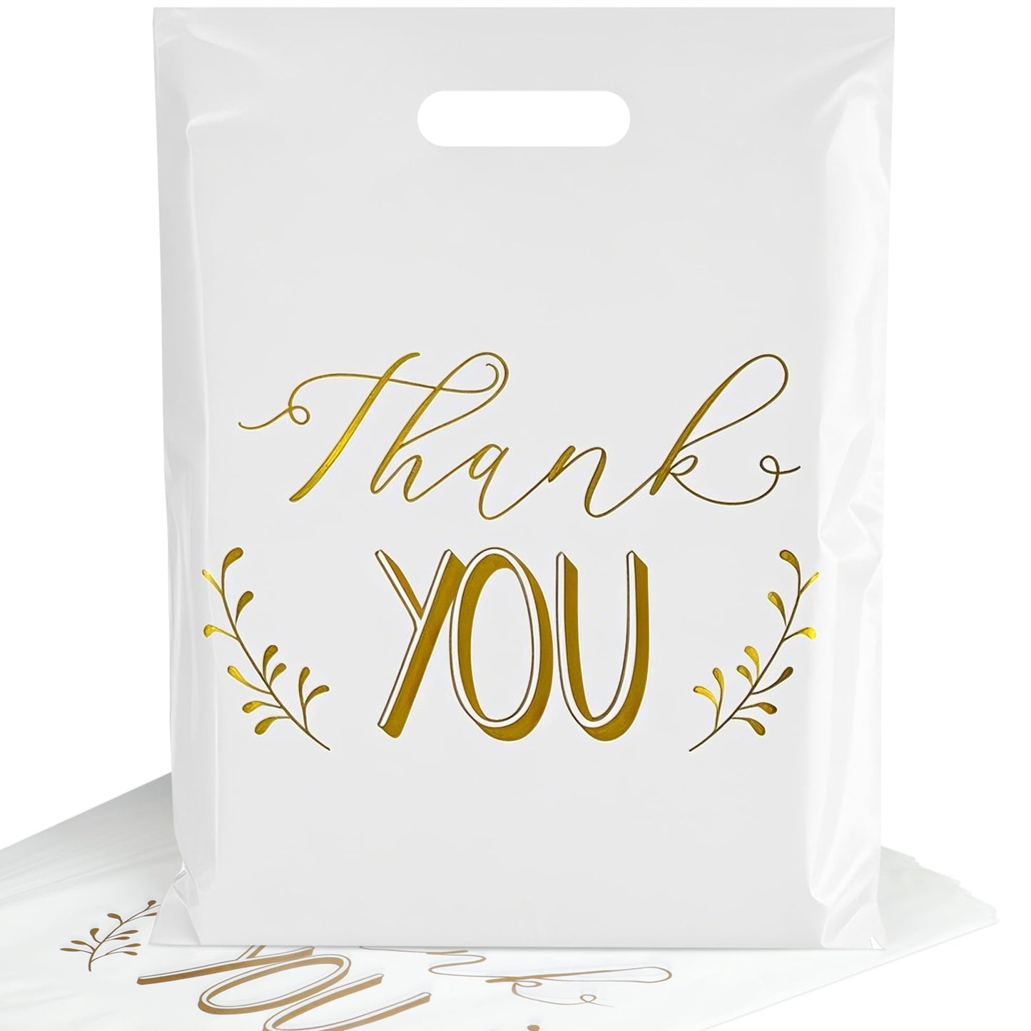 POPGIFTU Thank You Bags for Business Small - 12"x15" Reusable White Retail Plastic Shopping Bags with Die Cut Handle, 100 Pack - Perfect for Boutique, Clothing Stores, Gifts, Trade Shows, Wholesale