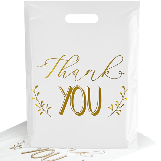 POPGIFTU Thank You Bags for Business Small - 12"x15" Reusable White Retail Plastic Shopping Bags with Die Cut Handle, 100 Pack - Perfect for Boutique, Clothing Stores, Gifts, Trade Shows, Wholesale