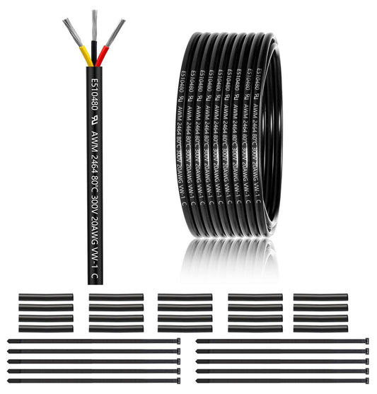 20 Gauge 3 Conductor Electrical Wire 50FT, UL 2464 20 AWG 3 Wire Cable Tinned Copper PVC Stranded 20/3 Core Wire for LED Lighting, Outdoor Low Voltage Extension Cable, Automotive etc.
