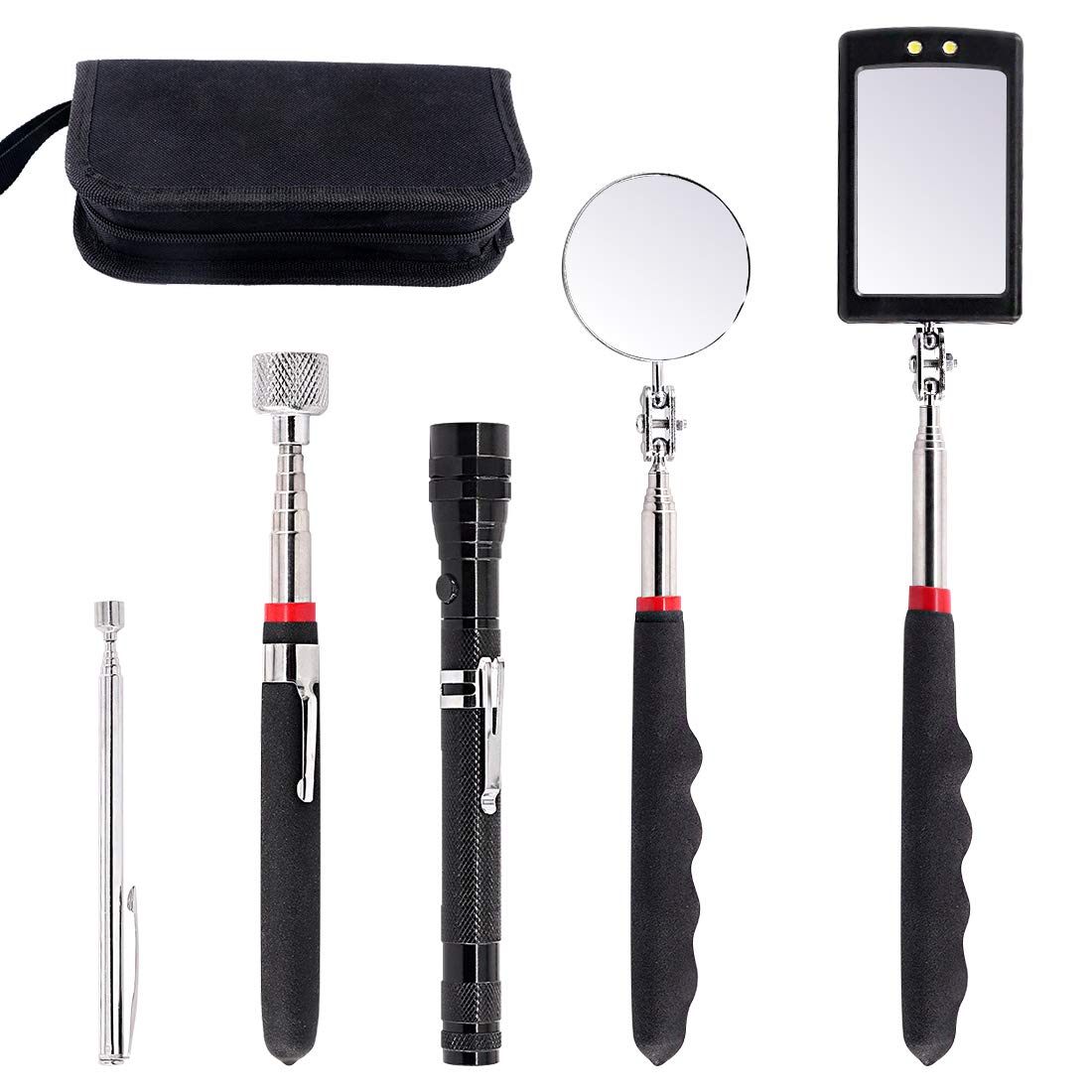Swpeet 5Pcs Magnetic Telescoping Pick-up Tool Kit with Carry Case, 360 Swivel Adjustable Inspection Mirror, 15lb and 1lb Pick Up Rod and Telescoping Flexible LED Flashlight (Batteries Included)