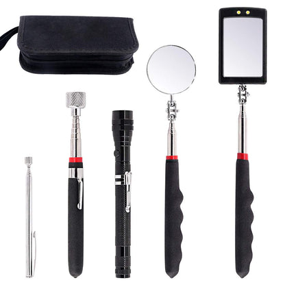 Swpeet 5Pcs Magnetic Telescoping Pick-up Tool Kit with Carry Case, 360 Swivel Adjustable Inspection Mirror, 15lb and 1lb Pick Up Rod and Telescoping Flexible LED Flashlight (Batteries Included)