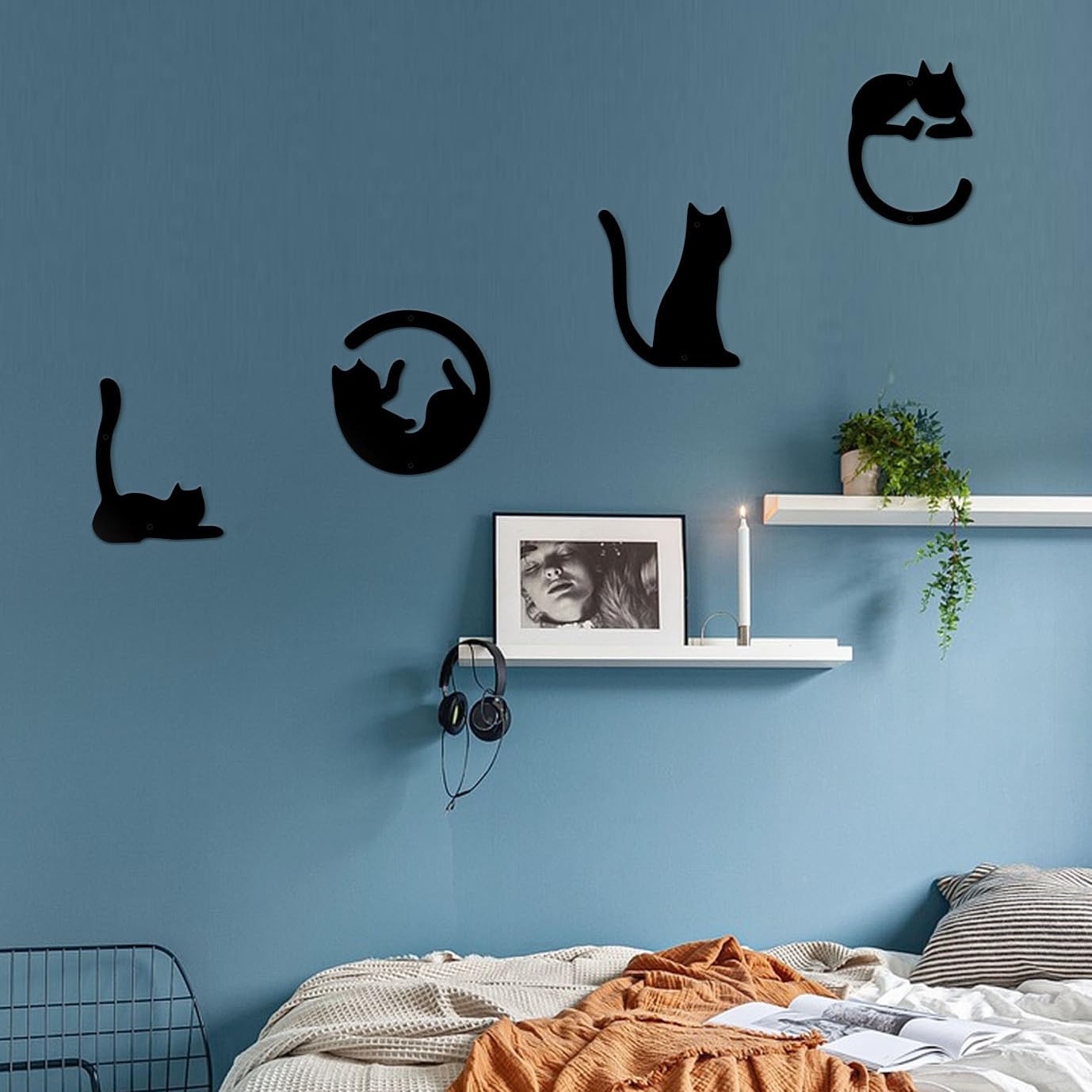 Set of 4 Black Metal Cat Wall Art, 3D Modern Metal Wall Decor, Black Cat Wall Sculpture for Living Room Love Signs for Home Decor, Mother's Day Birthday White Elephant Gifts for Women Men