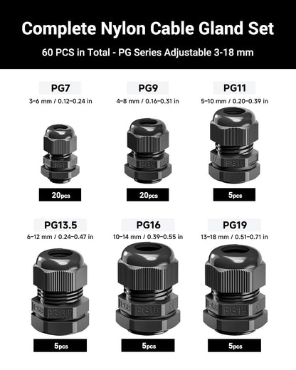 VCELINK 60Pcs IP68 Waterproof Cable Gland Kit - PG7/9/11/13.5/16/19 Thread, Adjustable for 3-18mm Cable Diameter, Black Nylon Cord Grip Connectors, Black