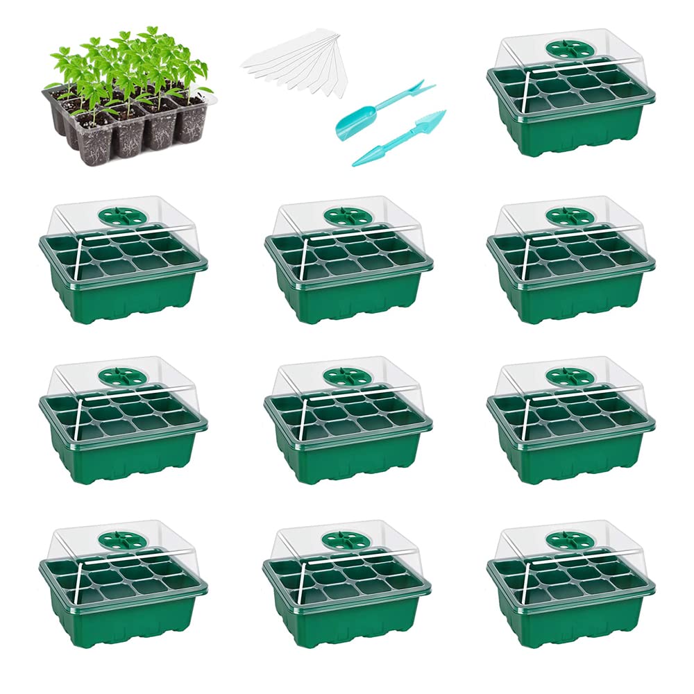 10 Packs Seed Starter Tray Seedling Tray (12 Cells Per Tray) Humidity Adjustable Plant Starter Kit with Dome and Base Greenhouse Grow Trays for Seeds Growing Starting