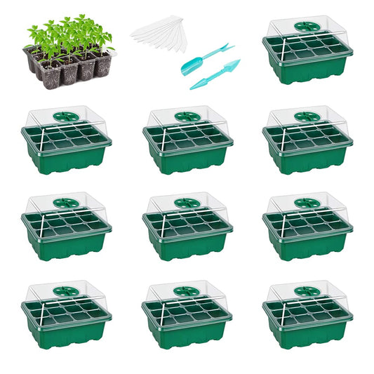10 Packs Seed Starter Tray Seedling Tray (12 Cells Per Tray) Humidity Adjustable Plant Starter Kit with Dome and Base Greenhouse Grow Trays for Seeds Growing Starting