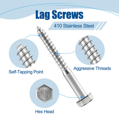 ANCHOREASE 1/4″×3″ Hex Head Lag Screws (20 Sets), 304 Stainless Steel 18-8, Heavy Duty Lag Bolts Wood Screws, with Flat Washer, Containing 1 Hexagonal Socket Wrench