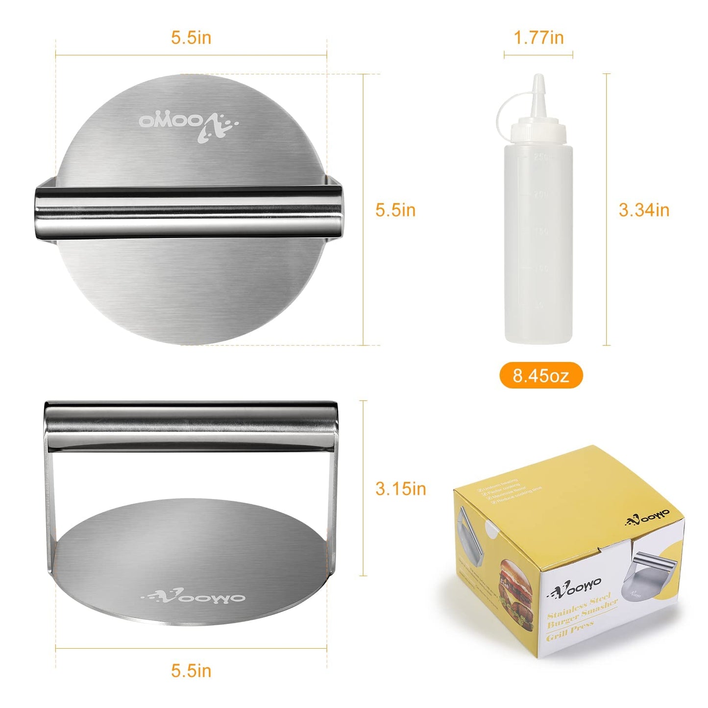 VOOWO Smash Burger Press - Stainless Steel Burger Smasher for Griddle with Squeeze Bottles, Hamburger Smasher Meat Press, Round Burger Patty Maker, Grill Press BBQ Tools Accessories Gift for Men