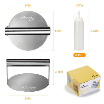 VOOWO Smash Burger Press - Stainless Steel Burger Smasher for Griddle with Squeeze Bottles, Hamburger Smasher Meat Press, Round Burger Patty Maker, Grill Press BBQ Tools Accessories Gift for Men