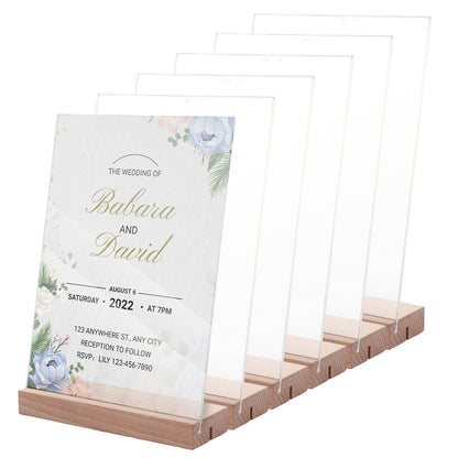 6 Pack 5 x 7 Acrylic Sign Holder with Wood Base, L/T Shape Clear Display Stand Menu Flyer Holder for Office, Wedding, Restaurants, Hotels