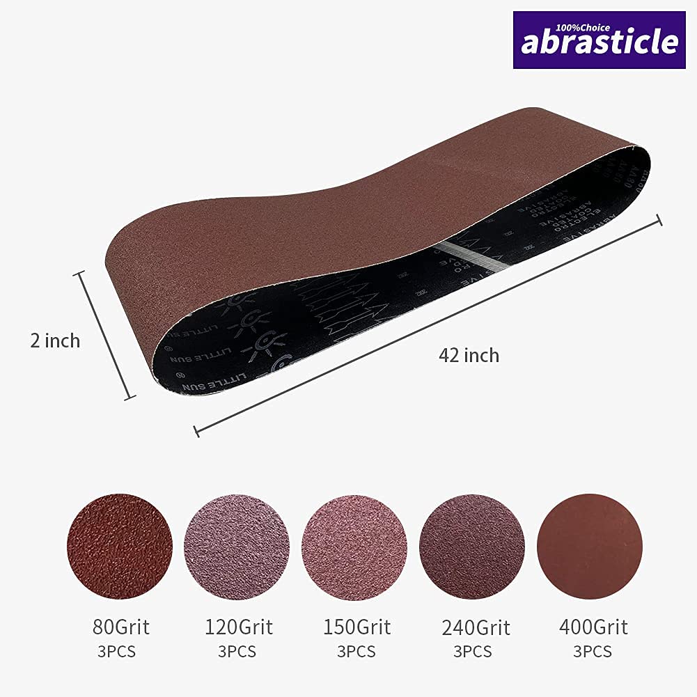 15 Pcs 2 x 42 Inch Assorted Aluminum Oxide Sanding Belt - 80/120/150/240/400 Grit