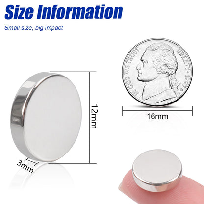 100 Pack Neodymium Magnets - Strong, Rare Earth, 12x3mm Round, Disc, Thin, Small, Flat, for Whiteboard, DIY, Cabinet, Scientific, Craft