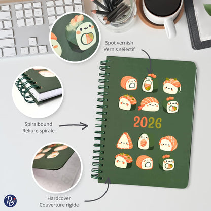 Pierre Belvédère - 2026 Annual Agenda Bilingual - 12 Months - Weekly Planner - 7.5” x 9.6” - Hardcover Spiralbound - Year Monthly Daily Planner - Sushi - 442483