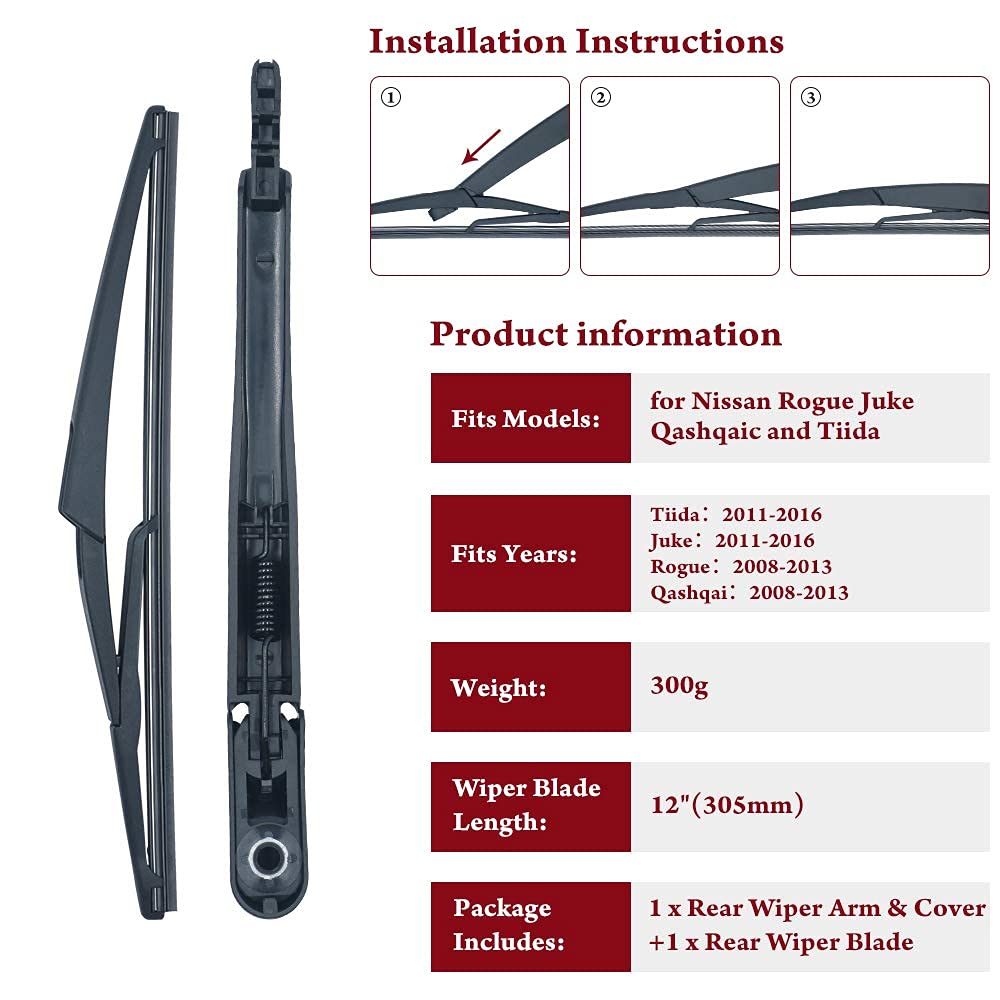 Rear Windsheild Wiper Arm Blade for Nissan Rogue 2008-2013, Nissan Juke 2011-2016# 28780-JM00A, Back Window Wiper Set
