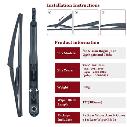 Rear Windsheild Wiper Arm Blade for Nissan Rogue 2008-2013, Nissan Juke 2011-2016# 28780-JM00A, Back Window Wiper Set