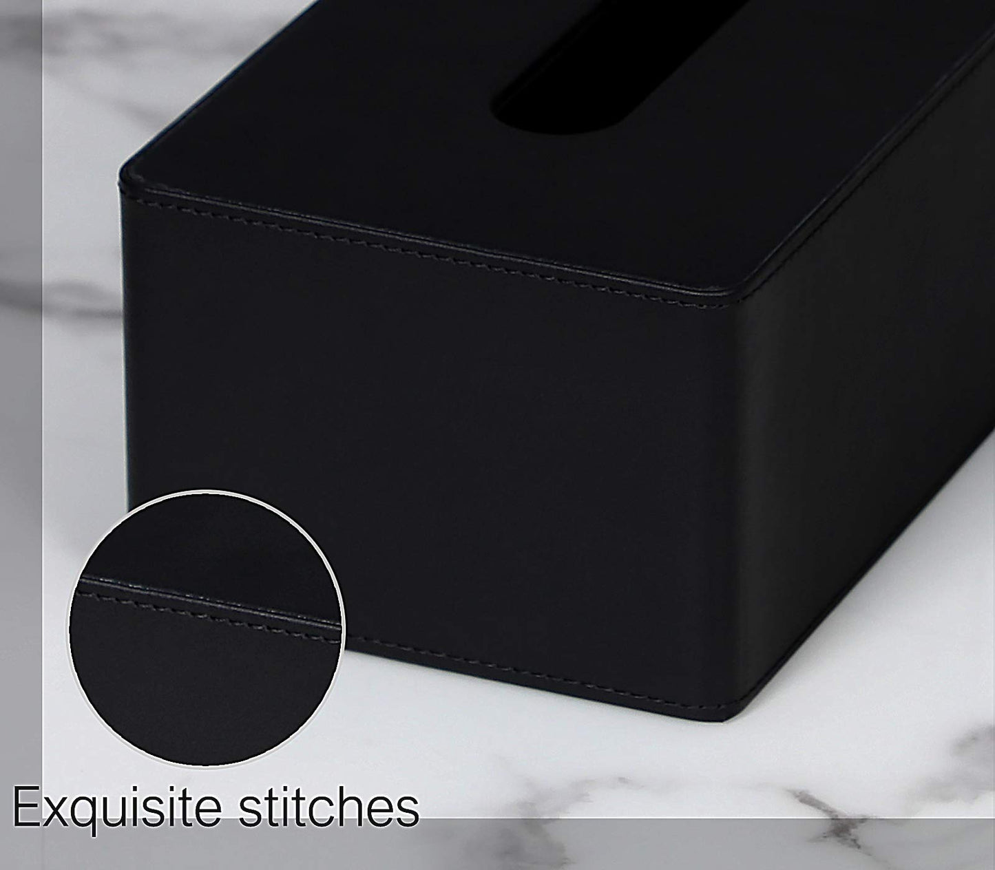 Tissue Box Cover Rectangular PU Leather Facial Tissue Dispenser Box Holder for Dresser Bathroom Decor (Black)