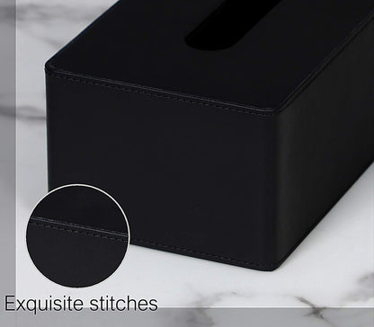 Tissue Box Cover Rectangular PU Leather Facial Tissue Dispenser Box Holder for Dresser Bathroom Decor (Black)