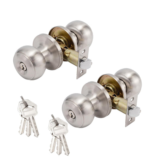 2 Pack Stainless Steel Round Door Knob with Key Lock - Copper core Door Handle with Key for Interior/Exterior Privacy Bedroom & Bathroom Door Handle, Secure Entry Knob for Home (2, Silver)