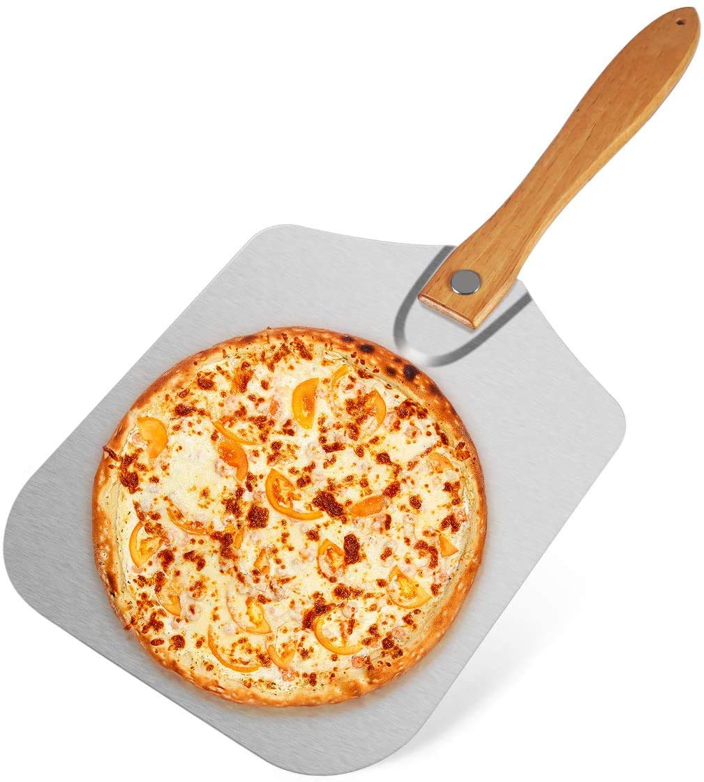 12 Inch x 14 Inch Aluminum Metal Pizza Peel, Pizza Paddle for Baking Homemade Pizza and Bread with Foldable Wood Handle for Easy Storage, for Any Outdoor Or Indoor, Oven or Grill Use (Aluminum)