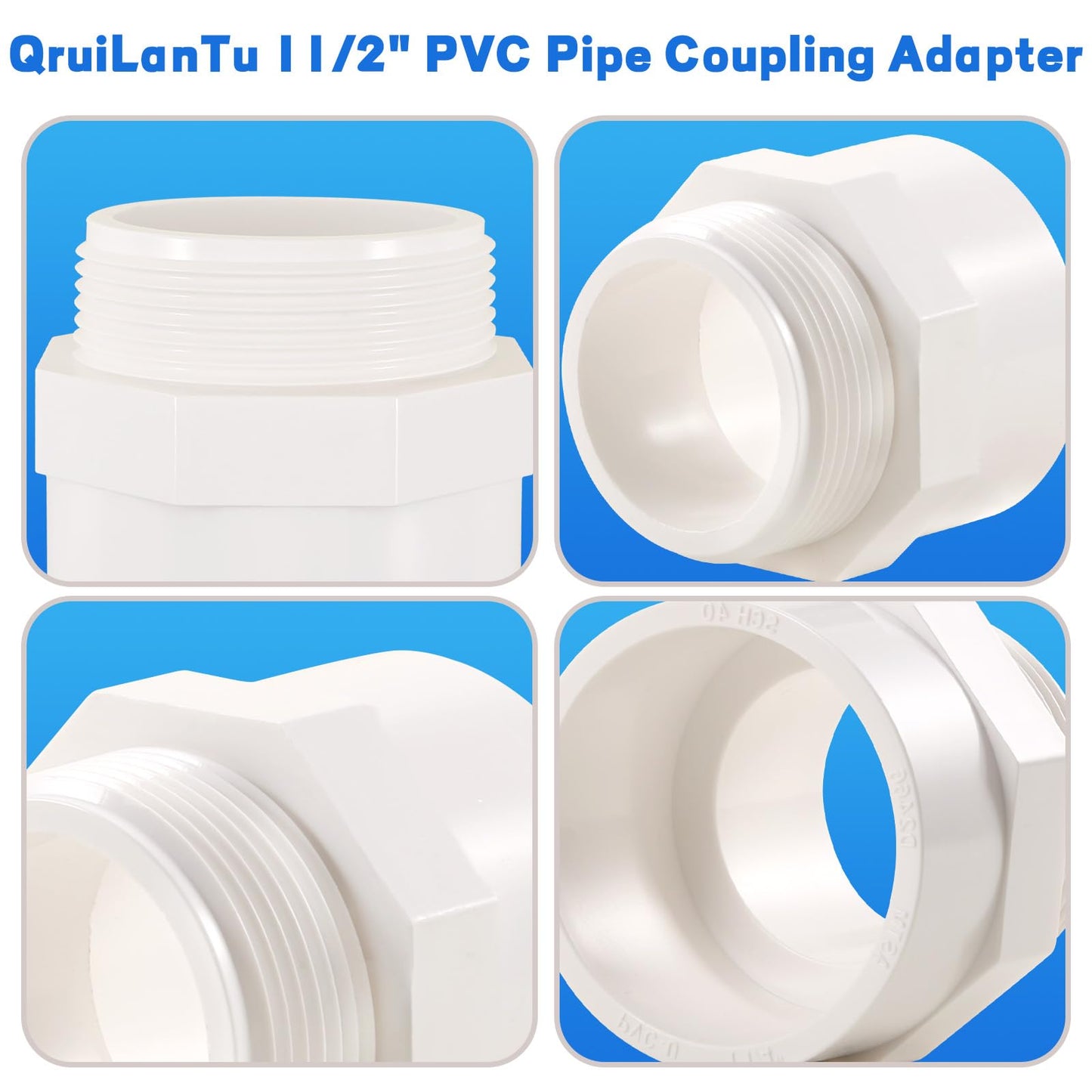 QruiLanTu 4Pcs 1 1/2" White 2-Way PVC Pipe Coupling Adapter Hex Nipple NPT Male Thread Pipe Coupling Adapter Connectors for 1 1/2 Inch PVC Pipe Socket x NPT Male