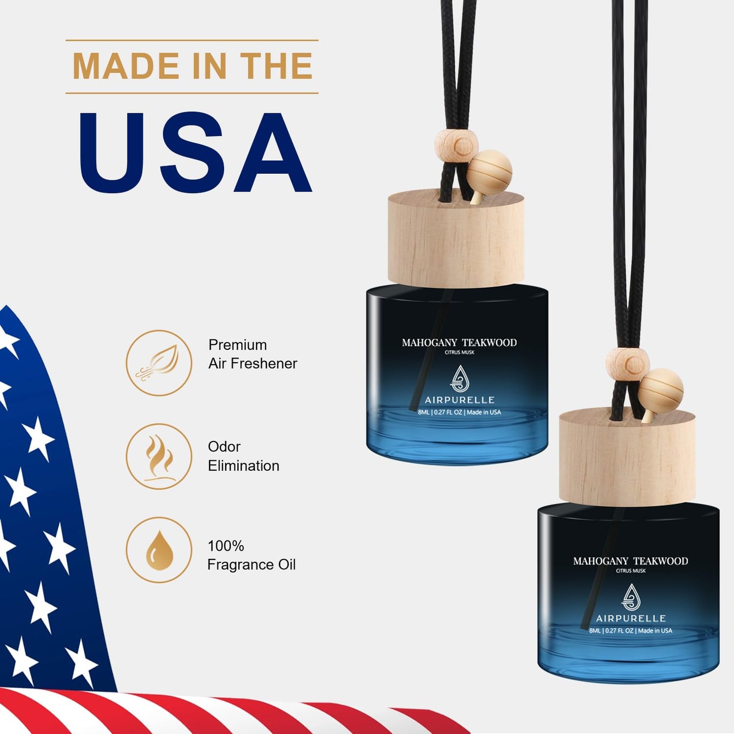 Car Air Freshener Hanging 4 Pack - Air Fragrance Oil Air Diffuser for Car, 90+ days Long Lasting Fragrance, Four 0.27 FL OZ/8ML Made in USA Ca r A ir Freshener for women - Mothers Day Gifts